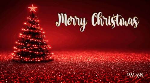 A Merry Christmas And Happy New Year Greeting Card With A Christmas Tree In The Background GIF