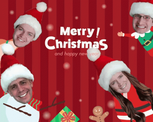 A Merry Christmas And Happy New Year Greeting Card With Santa Hats GIF