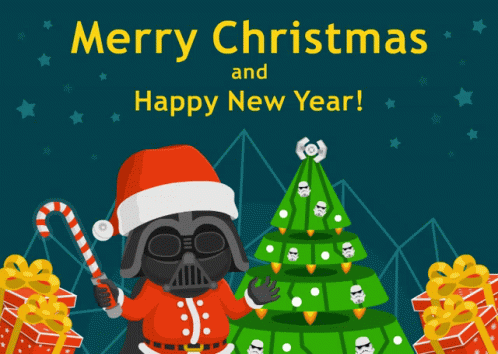 A Merry Christmas And Happy New Year Poster With Darth Vader GIF