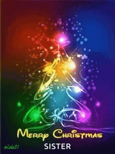 A Merry Christmas Card For A Sister With A Rainbow Colored Christmas Tree GIF