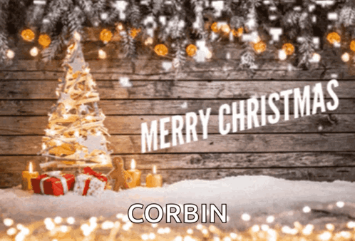 A Merry Christmas Card For Corbin With A Christmas Tree And Candles GIF