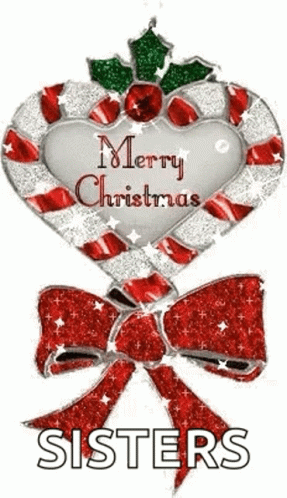 A Merry Christmas Card For Sisters With A Candy Cane In The Shape Of A Heart With A Bow . GIF