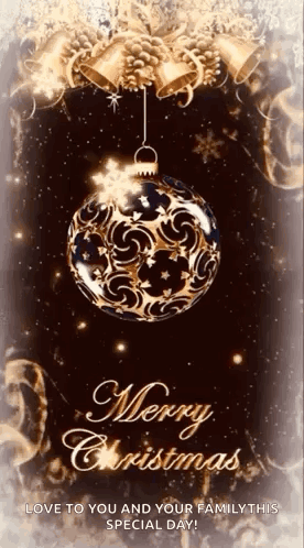a merry christmas card with a christmas ball and bells on a dark background .
