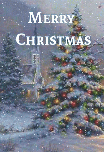 A Merry Christmas Card With A Christmas Tree And A Church GIF
