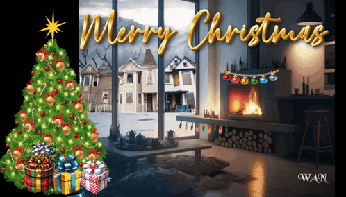 A Merry Christmas Card With A Christmas Tree And Gifts GIF