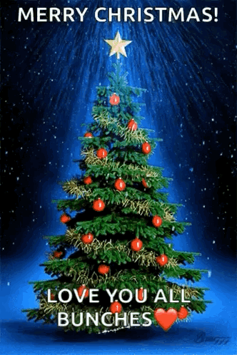 A Merry Christmas Card With A Christmas Tree And The Words " Love You All Bunches " GIF