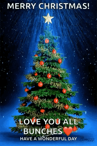 A Merry Christmas Card With A Christmas Tree And The Words Love You All Bunches Have A Wonderful Day GIF