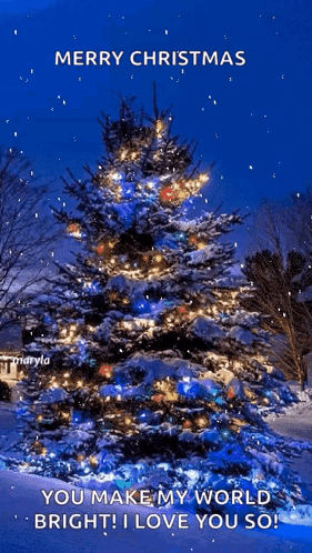 A Merry Christmas Card With A Christmas Tree In The Background GIF