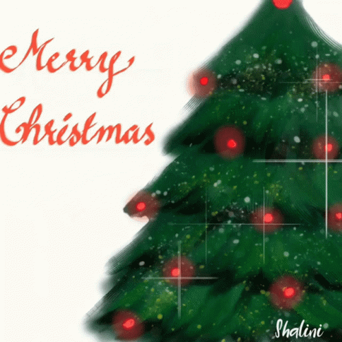 A Merry Christmas Card With A Christmas Tree In The Foreground GIF
