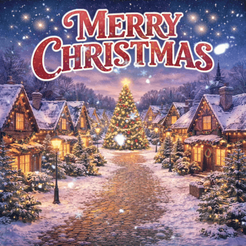 A Merry Christmas Card With A Christmas Tree In The Middle Of A Snowy Village GIF