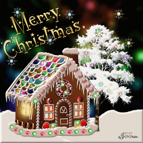 A Merry Christmas Card With A Gingerbread House And A Snowy Tree GIF
