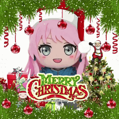 A Merry Christmas Card With A Pink Haired Anime Girl GIF