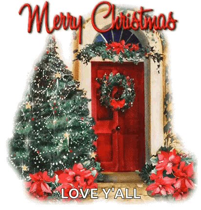 A Merry Christmas Card With A Red Door , Christmas Trees And Poinsettia . GIF
