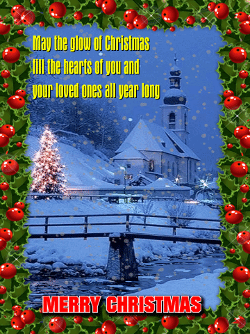 A Merry Christmas Card With A Snowy Church And A Bridge GIF