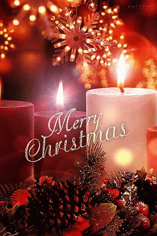 A Merry Christmas Card With Candles And Decorations GIF