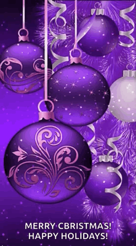 A Merry Christmas Card With Purple And White Christmas Balls GIF