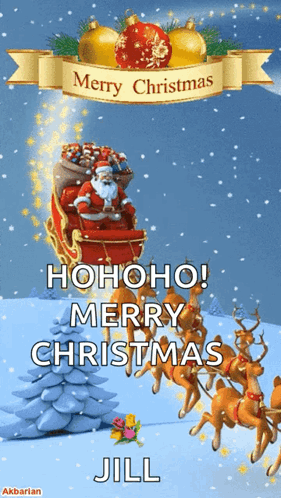 A Merry Christmas Card With Santa In A Sleigh GIF