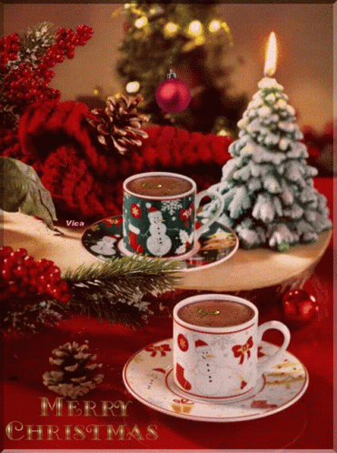 A Merry Christmas Card With Two Cups Of Coffee And A Christmas Tree GIF