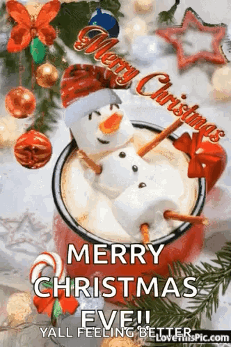 A Merry Christmas Eve Greeting Card With A Snowman Made Out Of Marshmallows . GIF