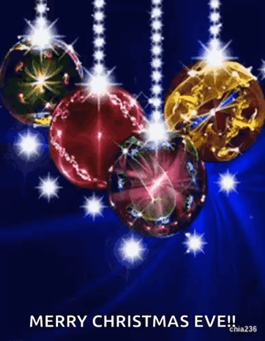 A Merry Christmas Eve Greeting Card With Christmas Balls Hanging From Strings GIF