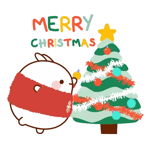 a merry christmas greeting card with a bunny and christmas tree