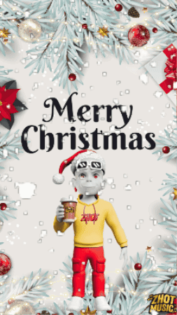 A Merry Christmas Greeting Card With A Cartoon Character Holding A Cup Of Coffee GIF