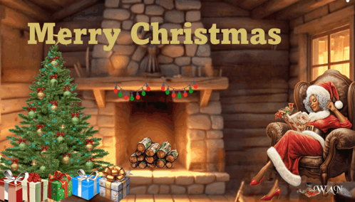 A Merry Christmas Greeting Card With A Christmas Tree And Fireplace GIF