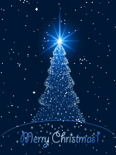 A Merry Christmas Greeting Card With A Christmas Tree In The Background GIF