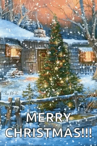 A Merry Christmas Greeting Card With A Christmas Tree In The Snow In Front Of A Cabin . GIF