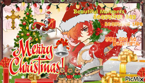 A Merry Christmas Greeting Card With A Girl Wearing Santa Hat GIF