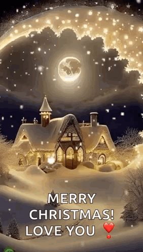 A Merry Christmas Greeting Card With A House In The Snow GIF