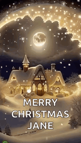 A Merry Christmas Greeting Card With A House In The Snow And The Words `` Merry Christmas Jane '' . GIF
