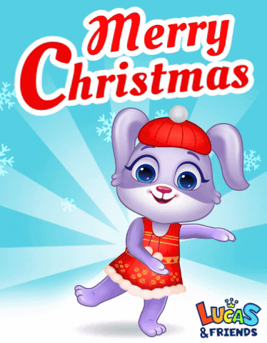 A Merry Christmas Greeting Card With A Purple Bunny Wearing A Red Hat GIF