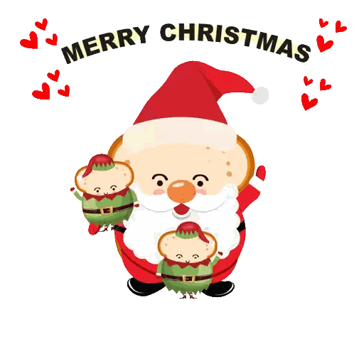 a merry christmas greeting card with a santa claus surrounded by elves