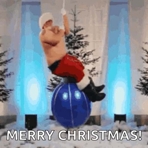 A Merry Christmas Greeting Card With A Shirtless Santa Riding A Blue Ball GIF