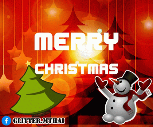 A Merry Christmas Greeting Card With A Snowman And Christmas Tree GIF