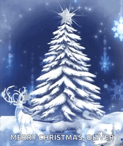 a merry christmas greeting card with a snowy christmas tree and reindeer