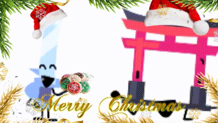 A Merry Christmas Greeting Card With A Torii Gate And A Santa Claus GIF