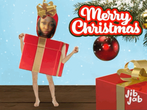 A Merry Christmas Greeting Card With A Woman In A Red Gift Box GIF