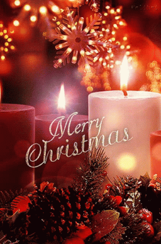 A Merry Christmas Greeting Card With Candles And Pine Cones GIF