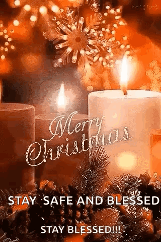 A Merry Christmas Greeting Card With Candles , Pine Cones , And A Snowflake . GIF