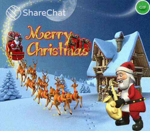 A Merry Christmas Greeting Card With Santa And Reindeer GIF