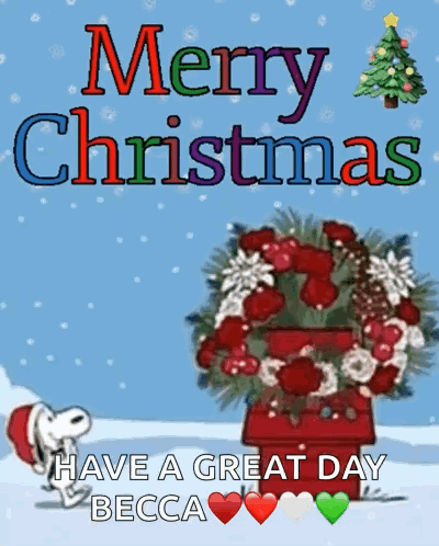A Merry Christmas Greeting Card With Snoopy And A Wreath GIF