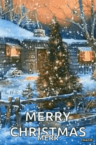 A Merry Christmas Message With A Christmas Tree In Front Of A House GIF