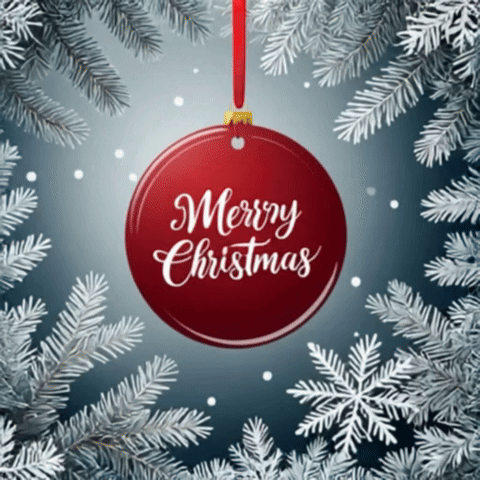 A Merry Christmas Ornament Hangs From A Red Ribbon GIF