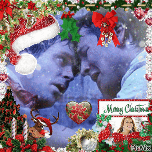 A Merry Christmas Picture With Two Men And A Woman GIF