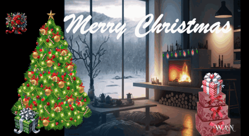 A Merry Christmas Poster With A Christmas Tree And Presents GIF