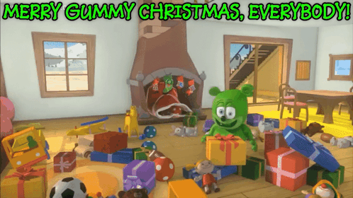A Merry Gummy Christmas Everybody Greeting Card With A Gummy Bear Surrounded By Presents GIF
