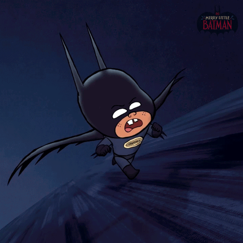 A Merry Little Batman Poster With A Cartoon Character Flying Through The Air GIF