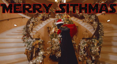 A Merry Sithmas Greeting Card Shows A Staircase Decorated For Christmas GIF
